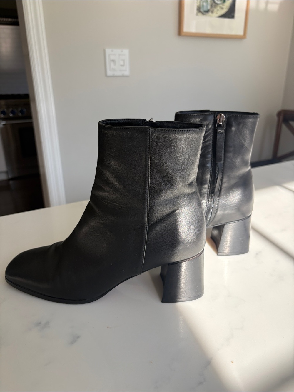 M. Gemi Sleek Black Leather Ankle Booties with Block Heel